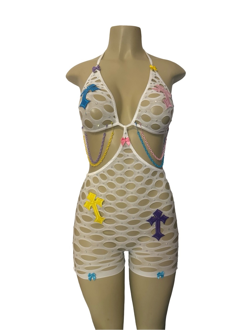 One-Piece Bodysuit with Multicolor cross Accents, bows & rhinestones